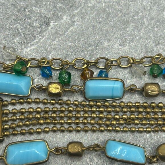 Vintage Brass Gold Tone Blue Beaded Rhinestones Chain Bracelet - Picture 10 of 14